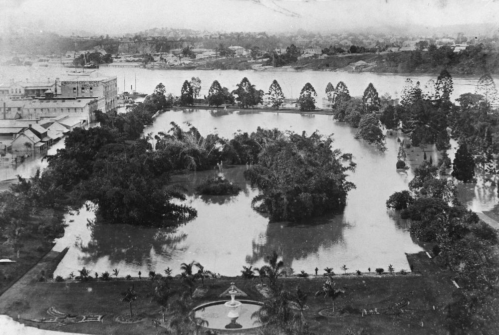 City Botanic Gardens in flood, Brisbane, 1890.'John Oxley Library, State Library of Queensland Image:101303'.