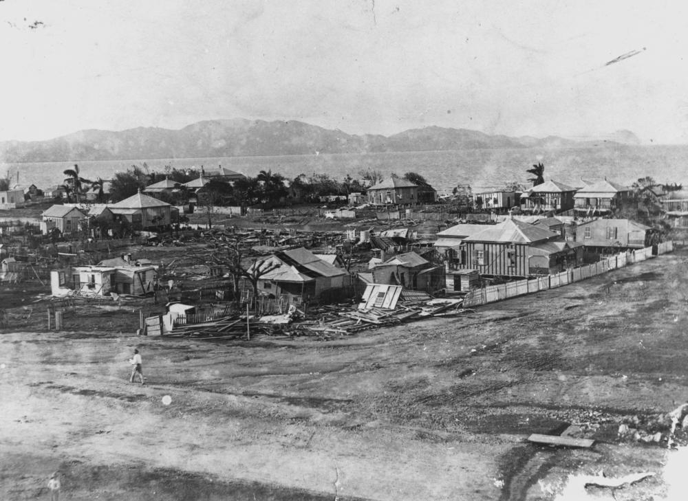 Storm damaged houses in Townsville caused by Cyclone Leonta, 1903, 'John Oxley Library, State Library of Queensland Image: 32756'.