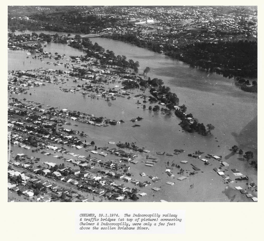 Aerial view of Chelmer showing the extent of the floodwaters when the Brisbane River flooded, 1974, 'John Oxley Library, State Library of Queensland Image: API-084-0001-0006'