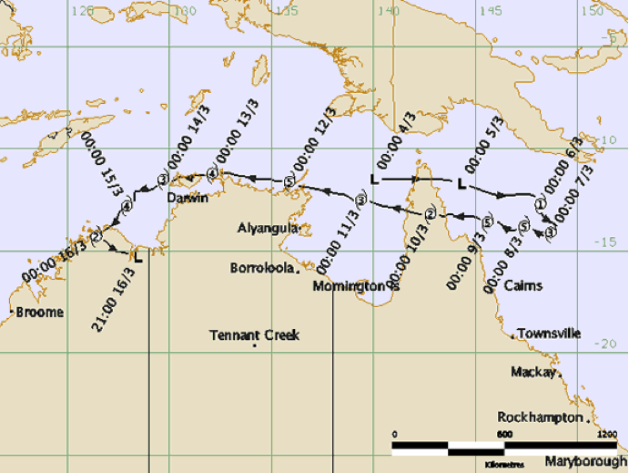 Track of Severe tropical cyclone Ingrid across Northern Australia