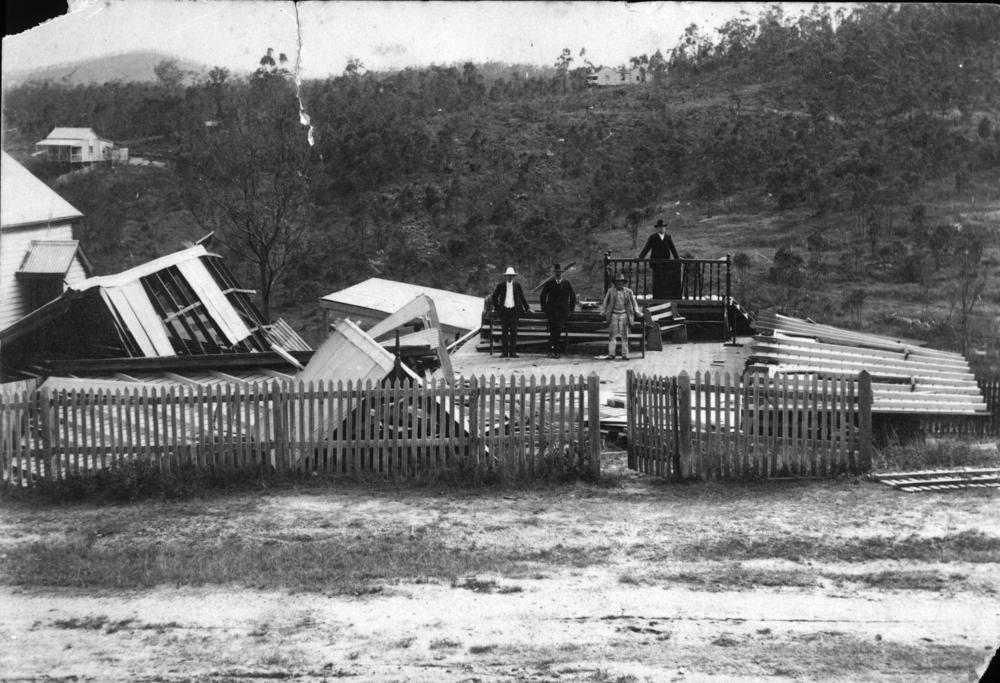 Cyclone damage to the local Methodist Church in Herberton. 'John Oxley Library, State Library of Queensland image:213728 '