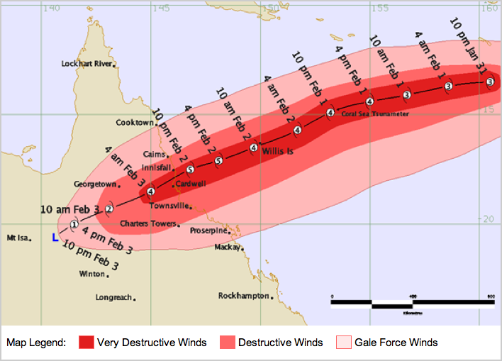 Cyclone Yasi Track and Intensity (BOM)