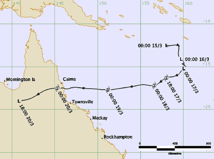 Cyclone Larry track and intensity (BOM)