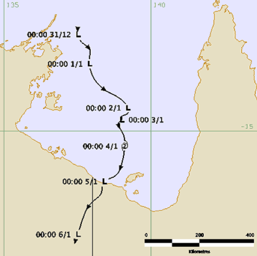 Cyclone Bernie track and intensity (BOM)