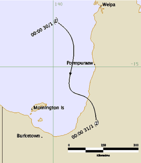 Cyclone Sadie track and intensity (BOM)