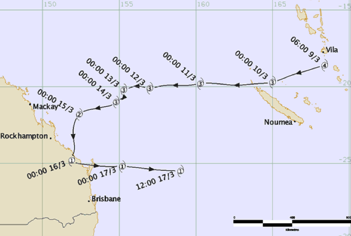 Cyclone Fran track and intensity (BOM)