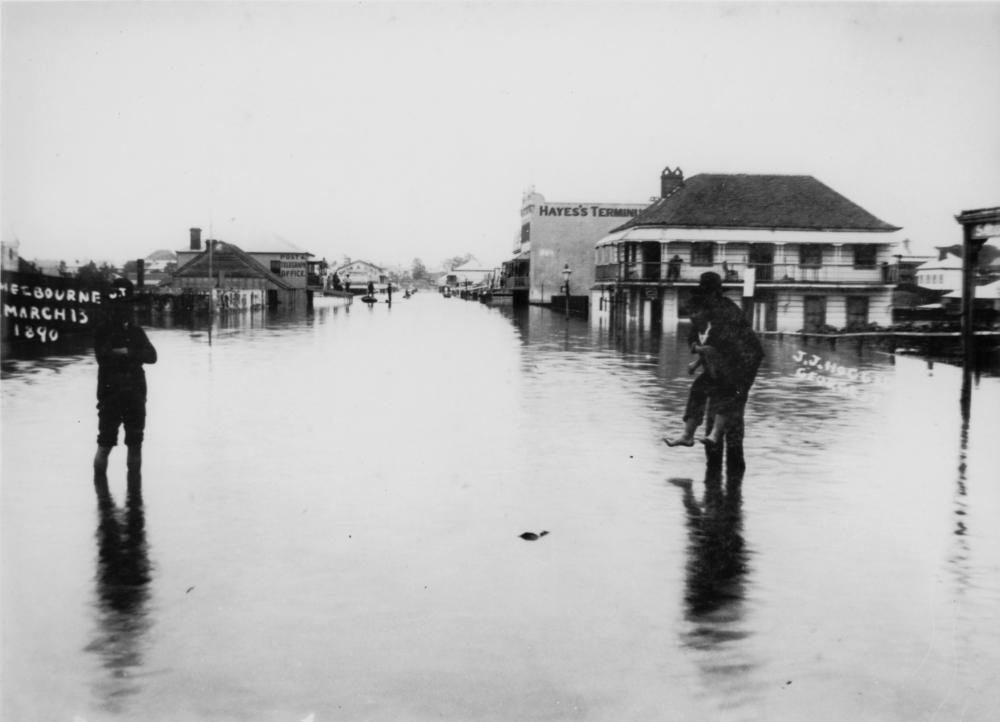 Flood waters in Melbourne Street, South Brisbane, 1890. 'John Oxley Library, State Library of Queensland  Image:91397'.