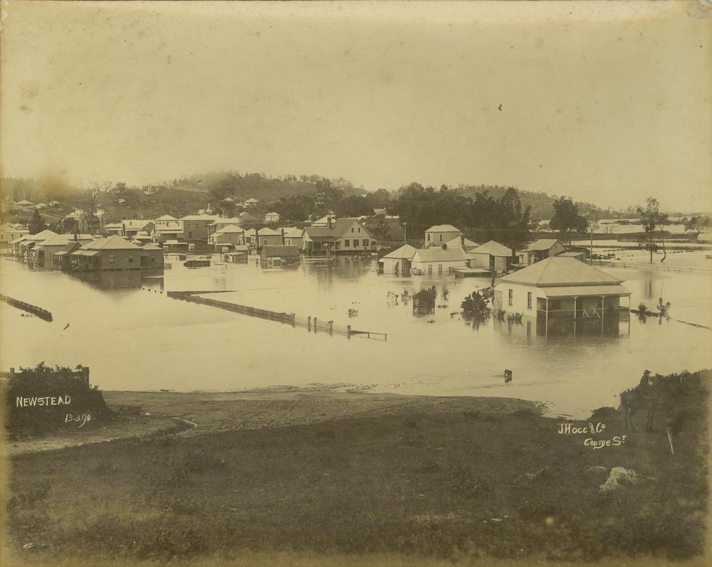 Houses surrounded by floodwaters at Newstead, Brisbane, 1890.  'John Oxley Library, State Library of Queensland   Image:7866-0001-0006'.