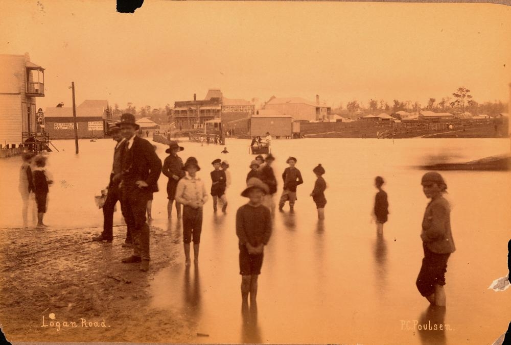 Logan Road at Woolloongabba, Brisbane, during the 1890 flood. 'John Oxley Library, State Library of Queensland Image: 17651'.