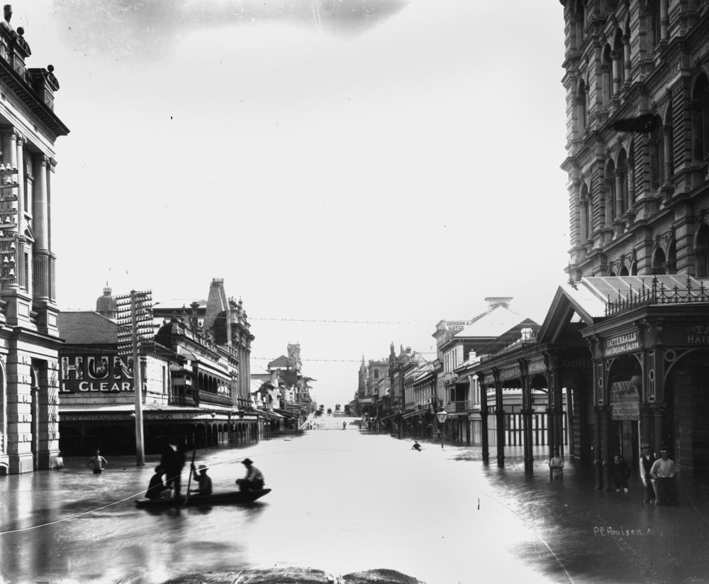 Queen Street during the 1893 Brisbane floods. 'John Oxley Library, State Library of Queensland  Image: 123127.
