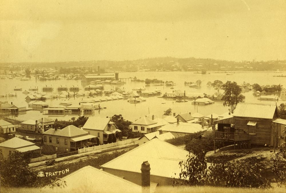Photograph of Newstead under the floodwaters of the 1893 Brisbane floods, the area in the distance is Hamilton. 'John Oxley Library, State Library of Queensland  Image: API-033-01-0017'.